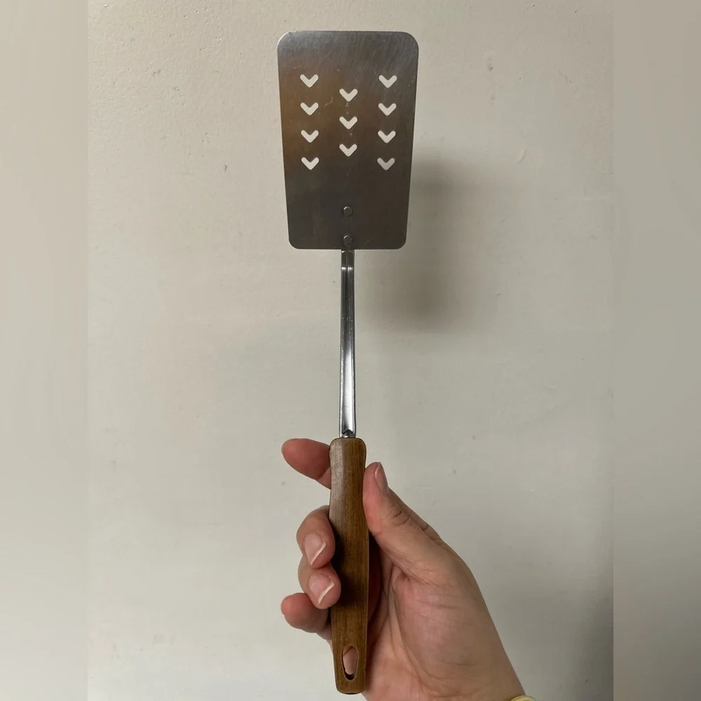 EKCO USA Faux Wood & Black Handle SLOTTED STAINLESS SPATULA FLIPPER Vtg Heart